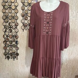 Mudd Mauve Tiered Embroidered Boho Tunic